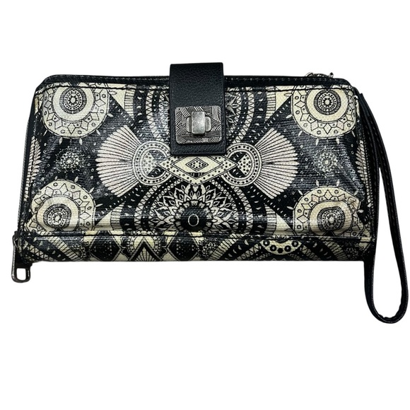 SAKROOTS Wallet Clutch Wristlet Black Cream Coated Canvas Zip Close Card Holder - Picture 1 of 10